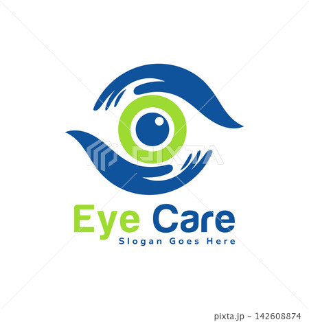 Eye care logo design with blue hands forming an eye shape and green iris, professional medical symbol for ophthalmology clinic or optometry services isolated on white background Eye care logo design with blue hands forming an eye shape and green iris, professional medical symbol for ophthalmology clinic or optometry services isolated on white background 142608874