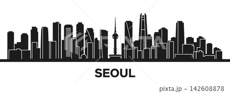 Seoul city skyline silhouette, detailed vector illustration of the south korean capital landmarks isolated on white background Seoul city skyline silhouette, detailed vector illustration of the south korean capital landmarks isolated on white background 142608878