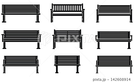 Set of various park bench silhouettes, isolated on white background 142608914