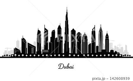 Detailed silhouette of dubai city skyline with famous skyscrapers 142608939