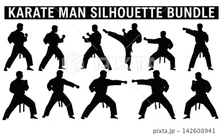 Karate man silhouette bundle, collection of martial arts poses, fighter in action, vector illustrations isolated on white background Karate man silhouette bundle, collection of martial arts poses, fighter in action, vector illustrations isolated on white background 142608941