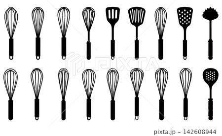 Collection of kitchen utensils silhouettes isolated on white background 142608944