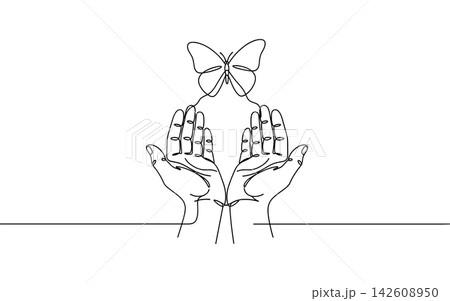 Continuous line drawing of human hands holding a butterfly isolated on white background 142608950
