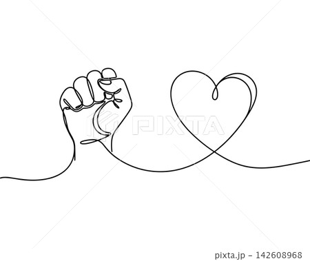 Continuous line drawing of a raised fist and a heart shape isolated on white background Continuous line drawing of a raised fist and a heart shape isolated on white background 142608968