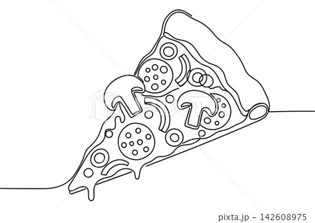 Continuous line drawing of a pizza slice isolated on white background Continuous line drawing of a pizza slice isolated on white background 142608975