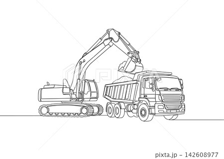 Continuous one line drawing of an excavator loading soil into a dump truck at a construction site isolated on white background Continuous one line drawing of an excavator loading soil into a dump truck at a construction site isolated on white background 142608977