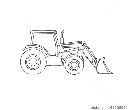 Continuous line drawing of a tractor with a front loader, agricultural machinery, farm equipment, minimalist vector illustration isolated on white background Continuous line drawing of a tractor with a front loader, agricultural machinery, farm equipment, minimalist vector illustration isolated on white background 142608982