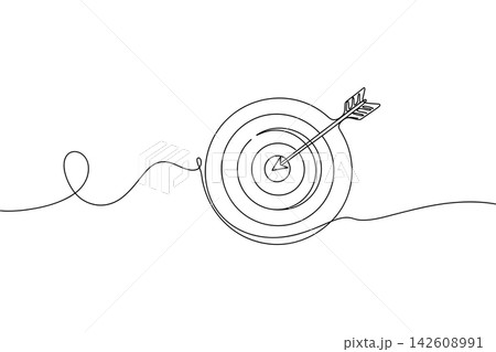 Continuous line drawing of a target with an arrow hitting the center isolated on white background Continuous line drawing of a target with an arrow hitting the center isolated on white background 142608991