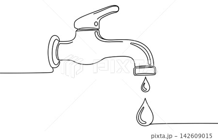 Continuous line drawing of a water tap with dripping drops isolated on white background 142609015