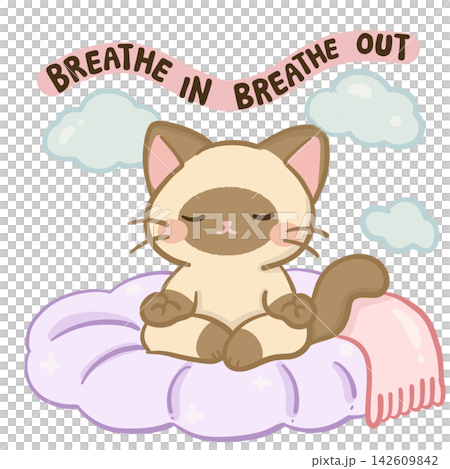 Cute Chibi Siamese Cat Meditating on Cozy Cushion Breathe In Breathe Out Mental Health Awareness Self Care Mindfulness Anxiety Relief Illustration Cute Chibi Siamese Cat Meditating on Cozy Cushion Breathe In Breathe Out Mental Health Awareness Self Care Mindfulness Anxiety Relief Illustration 142609842