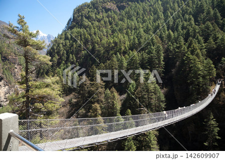 Hillary suspension bridge view along EBC trek, Nepal Hillary suspension bridge view along EBC trek, Nepal 142609907