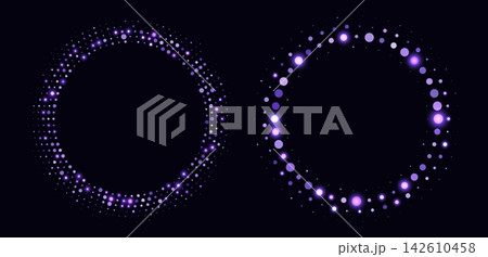 Purple halftone frames, glowing circle borders, round pattern with dots, radial disco luxury design element. 142610458