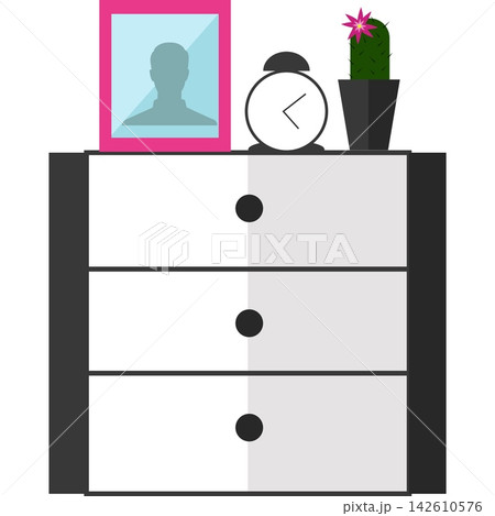 Chest of drawers with alarm clock, cactus in pot and photo frame vector icon 142610576
