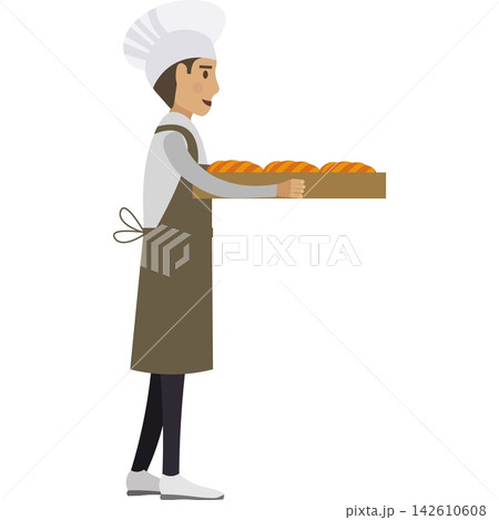 Baker carrying tray with fresh bread vector icon Baker carrying tray with fresh bread vector icon 142610608