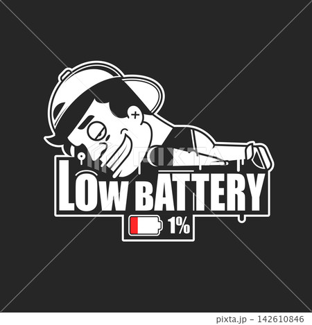 Cartoon man in a suit sitting at a desk, battery symbol beside him, indicating drained energy. Cartoon man in a suit sitting at a desk, battery symbol beside him, indicating drained energy. 142610846