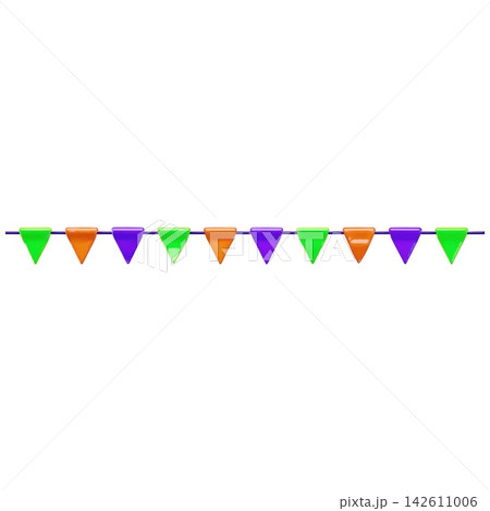 Colorful flags garland on straight rope 3D cartoon plastic style vector design, realistic Halloween party decoration Colorful flags garland on straight rope 3D cartoon plastic style vector design, realistic Halloween party decoration 142611006