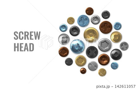 Metal colorful screws and bolts different head types 3D realistic vector round pattern design, hardware nuts and rivets 142611057