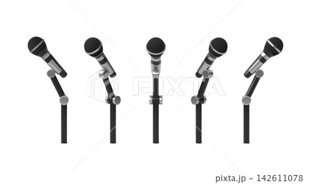Realistic wireless dynamic microphone on stand 3D icon vector set, concert equipment for singer, musician, broadcast 142611078