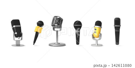 Realistic dynamic microphone 3D vector icons set collection, wireless dynamic microphone, concert equipment, broadcast 142611080