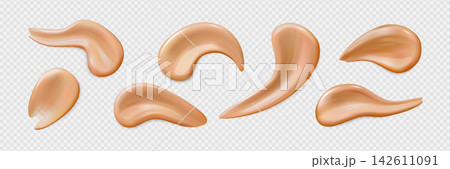 A set of liquid beige foundation drops of various shapes on a transparent background. A set of liquid beige foundation drops of various shapes on a transparent background. 142611091