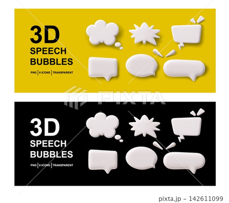 3D glossy white speech bubbles vector stickers set, dialogue cloud, chat message flash, bang, boom effect 142611099