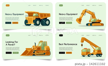 Industrial heavy machinery landing page vector designs set, excavator crawler, truck, construction vehicle service Industrial heavy machinery landing page vector designs set, excavator crawler, truck, construction vehicle service 142611102