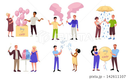 Gender reveal party set, pregnant couple holding a surprise flappers with blue confetti, boy baby shower celebration 142611107