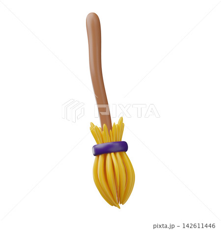 The witch's broom 3D vector icon, magic wooden broom, cartoon fairytale broomstick on which a witch flies, Halloween 142611446