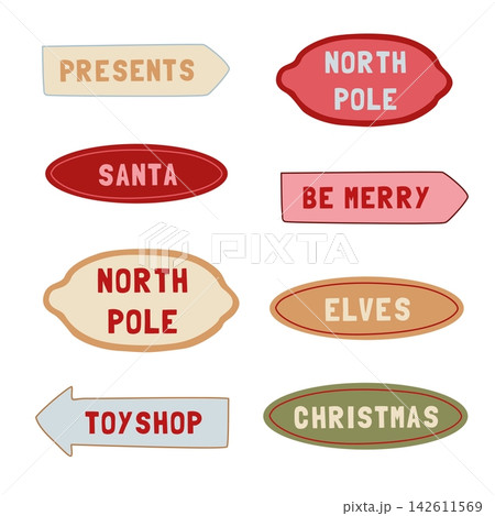 Hand-drawn Christmas village decorative signs set with North Pole, Santa, Elves and holiday greetings for winter season packaging 142611569