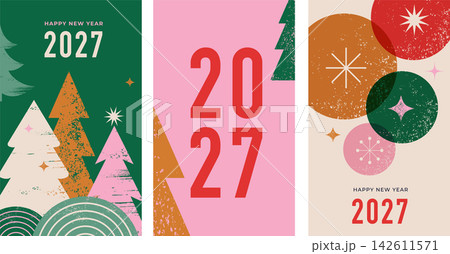 Colorful grunge Happy New Year 2027 greeting card collection with geometric Christmas trees and Colorful grunge Happy New Year 2027 greeting card collection with geometric Christmas trees and 142611571