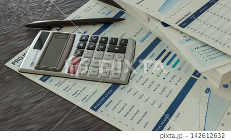 Business Planning Documents with Calculator and Pen on Office Desk 3d render. Business Planning Documents with Calculator and Pen on Office Desk 3d render. 142612632