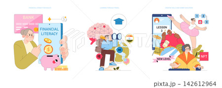Vector illustration of adults engaging in financial literacy, travel learning, and creative skills education. Visuals include digital devices, educational symbols, and diverse activities. Vector illustration of adults engaging in financial literacy, travel learning, and creative skills education. Visuals include digital devices, educational symbols, and diverse activities. 142612964