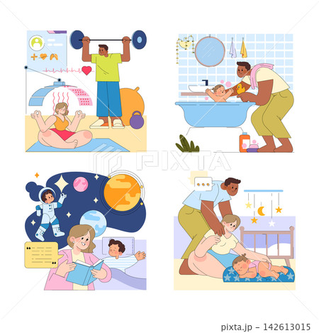 Vector illustration set of parenting routine scenes with childcare, baby bathing, bedtime care, reading, fitness, meditation, and healthy family habits with calm daily actions Vector illustration set of parenting routine scenes with childcare, baby bathing, bedtime care, reading, fitness, meditation, and healthy family habits with calm daily actions 142613015