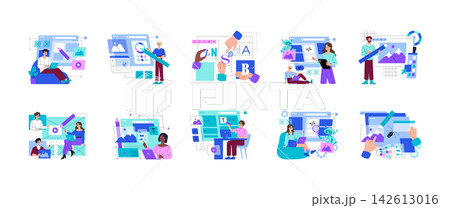 Web design set with people editing interfaces, typography, images, code, and layout blocks on screens and panels, showing digital collaboration and creative workflow in vector illustration Web design set with people editing interfaces, typography, images, code, and layout blocks on screens and panels, showing digital collaboration and creative workflow in vector illustration 142613016