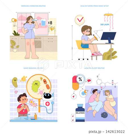 Healthy lifestyle routine vector illustration set with daily wellness actions including drinking water, ergonomic home working, hand washing hygiene, and sleep support habits Healthy lifestyle routine vector illustration set with daily wellness actions including drinking water, ergonomic home working, hand washing hygiene, and sleep support habits 142613022