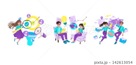 Business teamwork vector illustration set with people checking target strategy, discussing ideas with laptop and robot assistant, and managing global delivery and partnership tasks Business teamwork vector illustration set with people checking target strategy, discussing ideas with laptop and robot assistant, and managing global delivery and partnership tasks 142613054