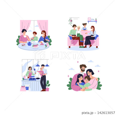 Family spending time together at home in four scenes with tea drinking, sitting on sofa, cooking in kitchen, and group hugging, expressing care, comfort, and joy vector illustration Family spending time together at home in four scenes with tea drinking, sitting on sofa, cooking in kitchen, and group hugging, expressing care, comfort, and joy vector illustration 142613057