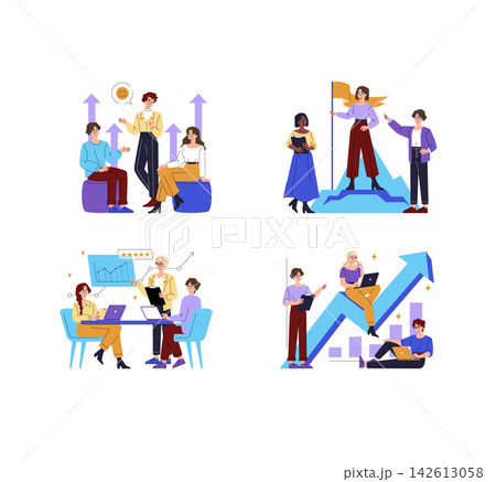 Business team discusses growth strategy, leadership goals, analytics and performance results with rising charts, flag milestone and laptops in a business vector illustration Business team discusses growth strategy, leadership goals, analytics and performance results with rising charts, flag milestone and laptops in a business vector illustration 142613058