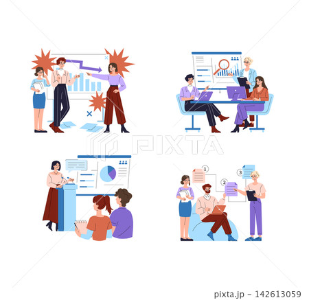 Business teamwork vector illustration set with office meeting conflict, data analysis, presentation, and workflow planning scenes, showing discussion, problem solving, and cooperation Business teamwork vector illustration set with office meeting conflict, data analysis, presentation, and workflow planning scenes, showing discussion, problem solving, and cooperation 142613059