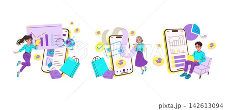 Mobile shopping and digital finance concept with smartphone screens, charts, payment card, bags and coins, people using apps and reviewing sales data, vector illustration Mobile shopping and digital finance concept with smartphone screens, charts, payment card, bags and coins, people using apps and reviewing sales data, vector illustration 142613094