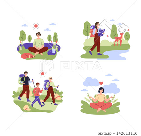 Vector illustration set of outdoor activities with people hiking on trail, reading map, meditating on grass, resting in nature with dog, backpacking and wildlife observation in park 142613110