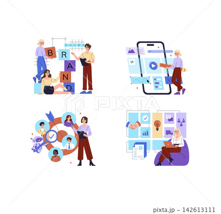 Branding and app design vector illustration set with teams building brand identity, mobile interface, target audience analysis, and business workflow planning for digital projects Branding and app design vector illustration set with teams building brand identity, mobile interface, target audience analysis, and business workflow planning for digital projects 142613111