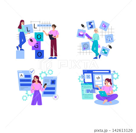 Digital product design set with people arranging logo letters, managing communication icons, comparing interface layouts, and coding web screens, vector illustration Digital product design set with people arranging logo letters, managing communication icons, comparing interface layouts, and coding web screens, vector illustration 142613120