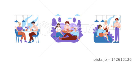 Friends talk, sit together, and drink coffee in casual social scenes indoors and outdoors, with smiling expressions, relaxed poses, and modern flat vector illustration style Friends talk, sit together, and drink coffee in casual social scenes indoors and outdoors, with smiling expressions, relaxed poses, and modern flat vector illustration style 142613126
