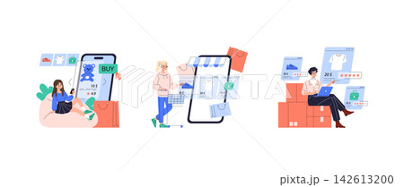 Vector illustration depicting people engaging in online shopping. Features include browsing products on a smartphone, using a tablet for purchases, and managing orders on a laptop. Vector illustration depicting people engaging in online shopping. Features include browsing products on a smartphone, using a tablet for purchases, and managing orders on a laptop. 142613200