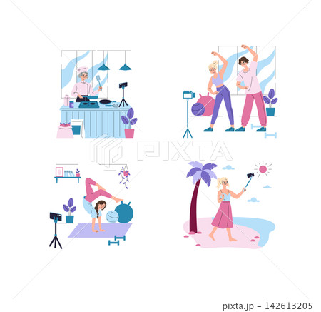 Lifestyle content creators record cooking, home workout, stretching, yoga and beach selfie scenes with smartphone cameras for social media, vlog channels and online tutorials vector illustration Lifestyle content creators record cooking, home workout, stretching, yoga and beach selfie scenes with smartphone cameras for social media, vlog channels and online tutorials vector illustration 142613205