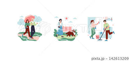 Vector illustration set of people doing daily activities outdoors and at home, walking in rain under umbrella, walking a dog in park, and cleaning windows and floor indoors Vector illustration set of people doing daily activities outdoors and at home, walking in rain under umbrella, walking a dog in park, and cleaning windows and floor indoors 142613209