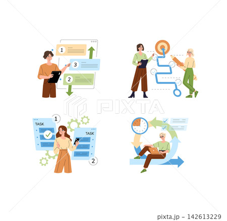 Workflow management vector illustration set with people organizing task lists, tracking process steps, planning project flow, checking progress, and improving time efficiency 142613229