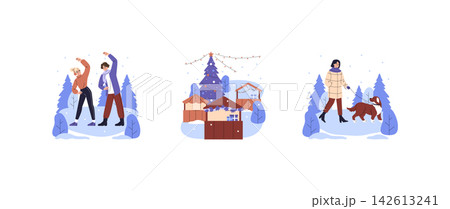 Winter holiday vector illustration set with people dancing in snow, person walking a dog, and festive market stalls around a decorated Christmas tree in a snowy park scene Winter holiday vector illustration set with people dancing in snow, person walking a dog, and festive market stalls around a decorated Christmas tree in a snowy park scene 142613241