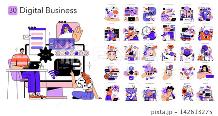 Digital business vector illustration set with people managing online workflow, analytics, marketing, security, payments and remote collaboration across apps, devices and dashboards Digital business vector illustration set with people managing online workflow, analytics, marketing, security, payments and remote collaboration across apps, devices and dashboards 142613275